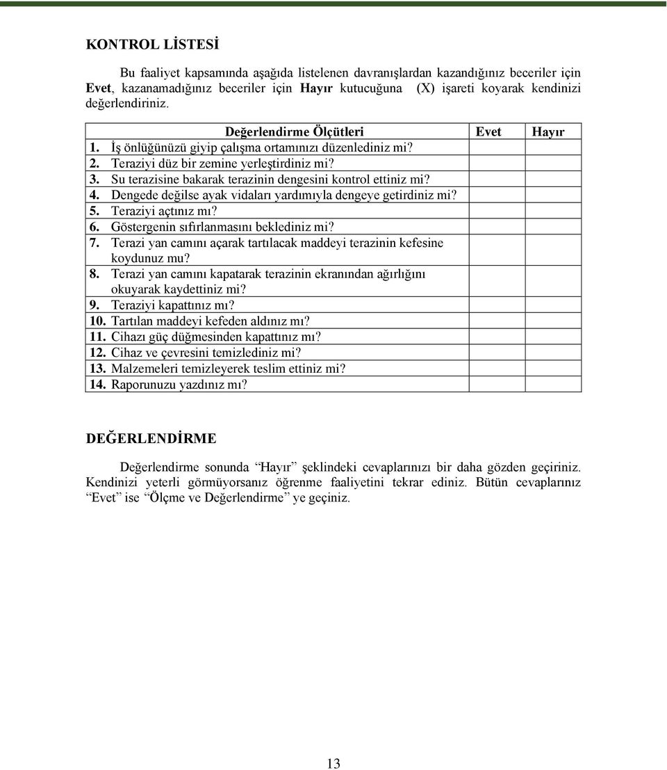 Su terazisine bakarak terazinin dengesini kontrol ettiniz mi? 4. Dengede değilse ayak vidaları yardımıyla dengeye getirdiniz mi? 5. Teraziyi açtınız mı? 6. Göstergenin sıfırlanmasını beklediniz mi? 7.