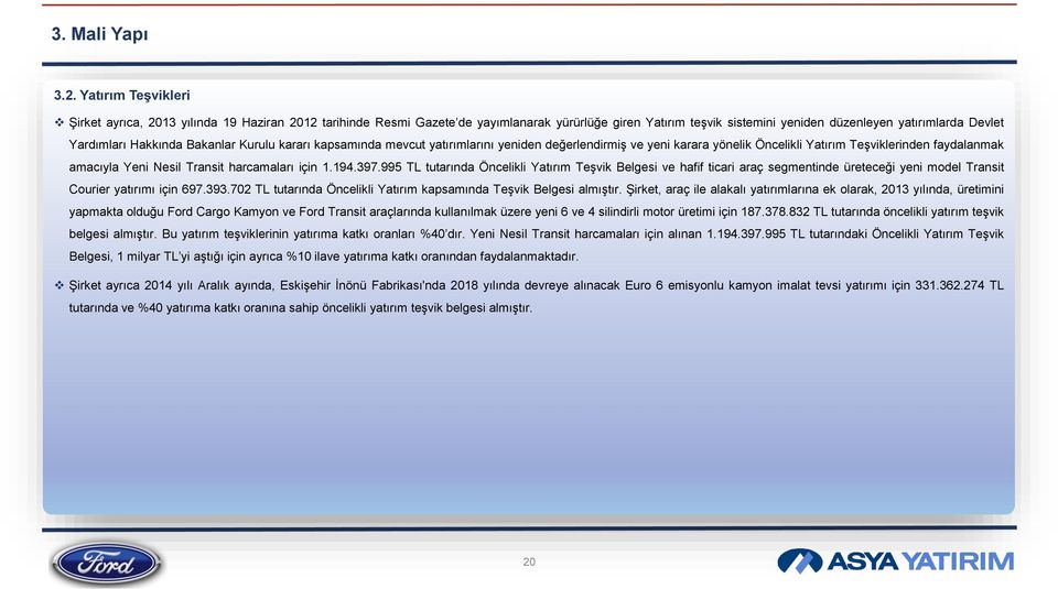 Hakkında Bakanlar Kurulu kararı kapsamında mevcut yatırımlarını yeniden değerlendirmiş ve yeni karara yönelik Öncelikli Yatırım Teşviklerinden faydalanmak amacıyla Yeni Nesil Transit harcamaları için