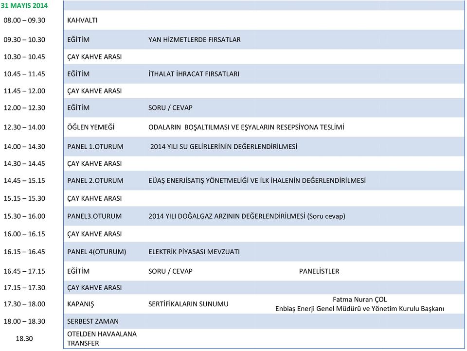 45 15.15 PANEL 2.OTURUM EÜAŞ ENERJİSATIŞ YÖNETMELİĞİ VE İLK İHALENİN DEĞERLENDİRİLMESİ 15.15 15.30 ÇAY KAHVE ARASI 15.30 16.00 PANEL3.