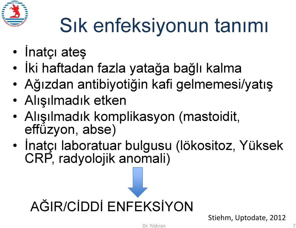 komplikasyon (mastoidit, effüzyon, abse) İnatçı laboratuar bulgusu (lökositoz,