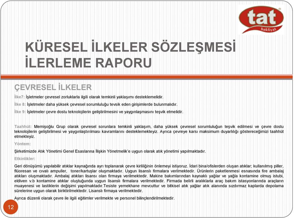 12 Taahhüt: Memişoğlu Grup olarak çevresel sorunlara temkinli yaklaşım, daha yüksek çevresel sorumluluğun teşvik edilmesi ve çevre dostu teknolojilerin geliştirilmesi ve yaygınlaştırılması