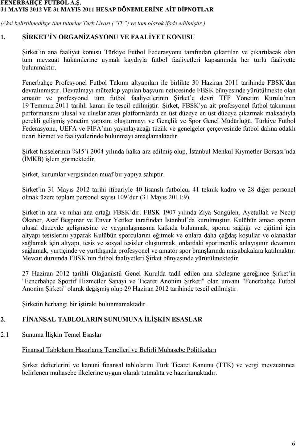 Devralmayı müteakip yapılan başvuru neticesinde FBSK bünyesinde yürütülmekte olan amatör ve profesyonel tüm futbol faaliyetlerinin Şirket e devri TFF Yönetim Kurulu nun 19 Temmuz 2011 tarihli kararı