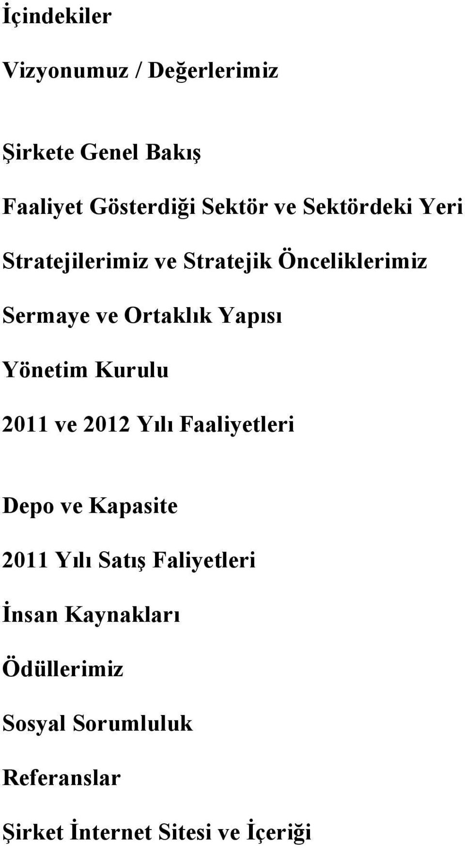 Yönetim Kurulu 2011 ve 2012 Yılı Faaliyetleri Depo ve Kapasite 2011 Yılı Satış