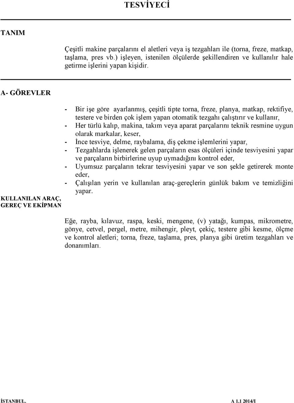 A- GÖREVLER KULLANILAN ARAÇ, GEREÇ VE EKİPMAN - Bir işe göre ayarlanmış, çeşitli tipte torna, freze, planya, matkap, rektifiye, testere ve birden çok işlem yapan otomatik tezgahı çalıştırır ve