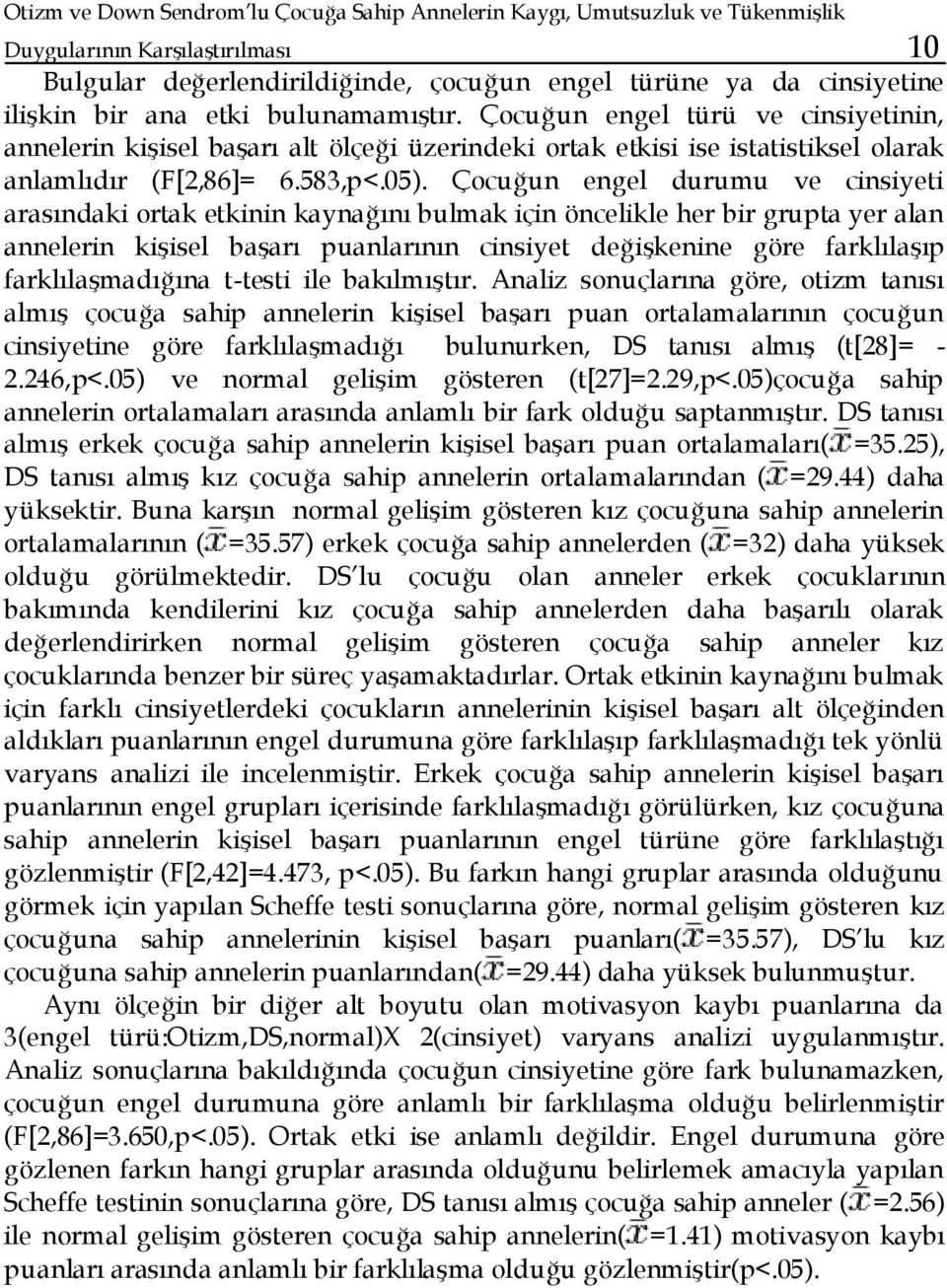 Çocuğun engel durumu ve cinsiyeti arasındaki ortak etkinin kaynağını bulmak için öncelikle her bir grupta yer alan annelerin kişisel başarı puanlarının cinsiyet değişkenine göre farklılaşıp