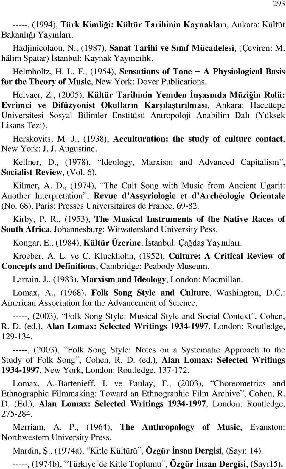 , (2005), Kültür Tarihinin Yeniden İnşasında Müziğin Rolü: Evrimci ve Difüzyonist Okulların Karşılaştırılması, Ankara: Hacettepe Üniversitesi Sosyal Bilimler Enstitüsü Antropoloji Anabilim Dalı