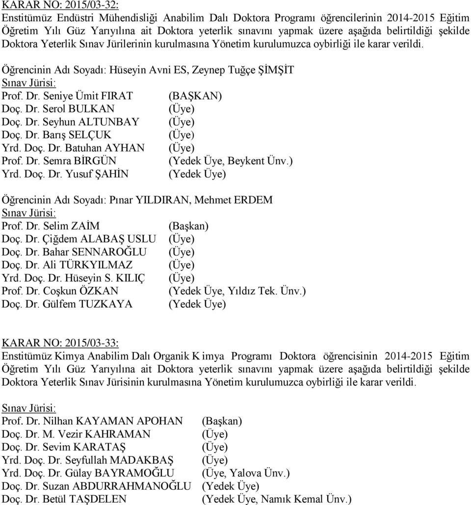 Dr. Semra BİRGÜN (Yedek Üye, Beykent Ünv.) Yrd. Doç. Dr. Yusuf ŞAHİN Öğrencinin Adı Soyadı: Pınar YILDIRAN, Mehmet ERDEM Prof. Dr. Selim ZAİM Doç. Dr. Çiğdem ALABAŞ USLU Doç. Dr. Bahar SENNAROĞLU Doç.