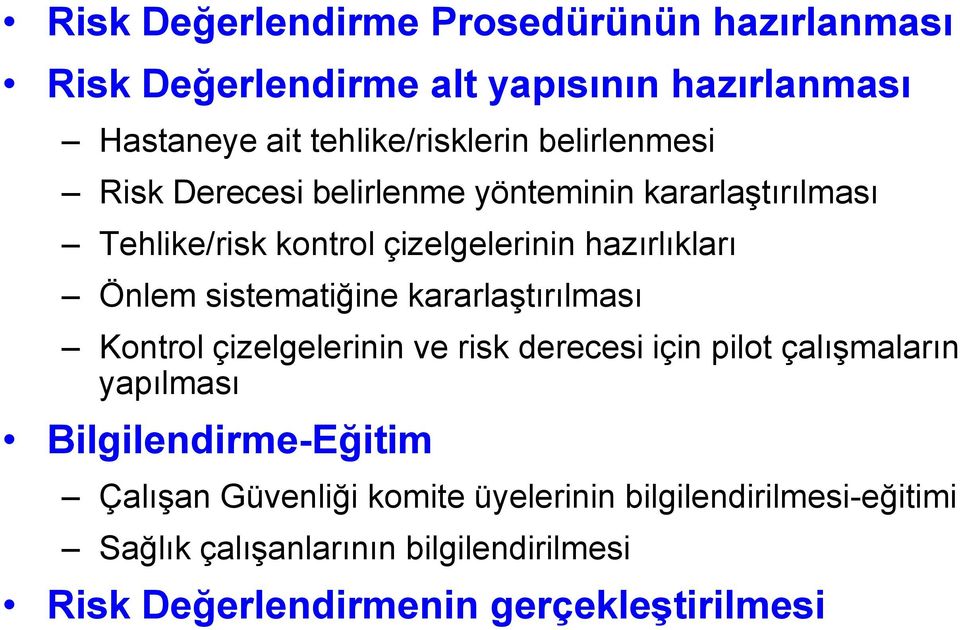 sistematiğine kararlaştırılması Kontrol çizelgelerinin ve risk derecesi için pilot çalışmaların yapılması Bilgilendirme-Eğitim