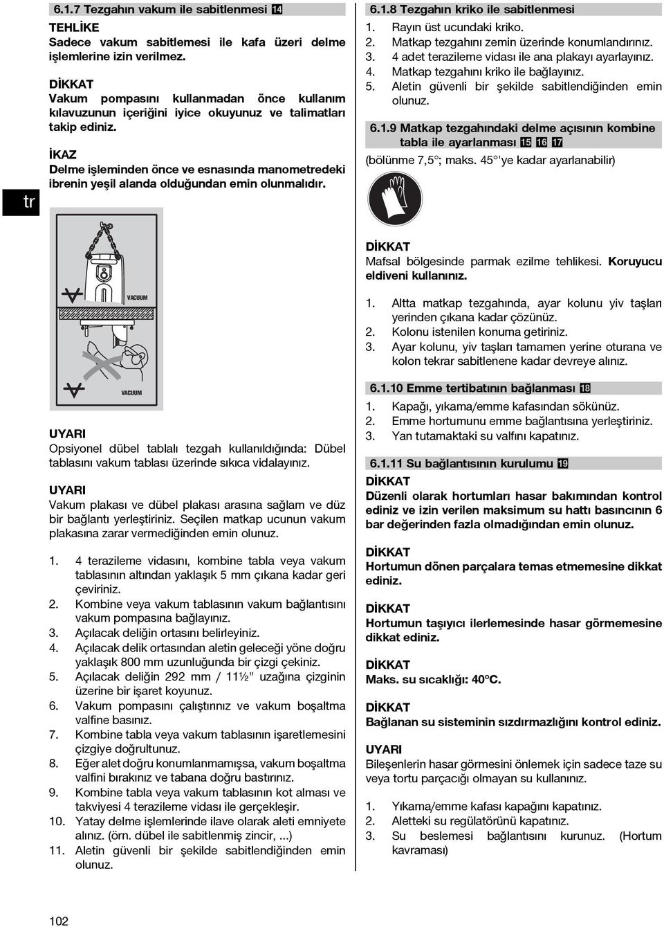 Delme işleminden önce ve esnasında manomeedeki ibrenin yeşil alanda olduğundan emin olunmalıdır. 6.8 Tezgahın kriko ile sabitlenmesi 4. 5. Rayın üst ucundaki kriko.