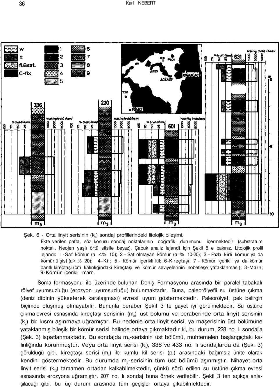 Litolojik profil lejandı: l -Saf kömür (a <% 10); 2 - Saf olmayan kömür (a=% 10-20); 3 - Fazla kirli kömür ya da kömürlü şist (a> % 20); 4-Kil; 5 - Kömür içerikli kil; 6-Kireçtaşı; 7 - Kömür içerikli