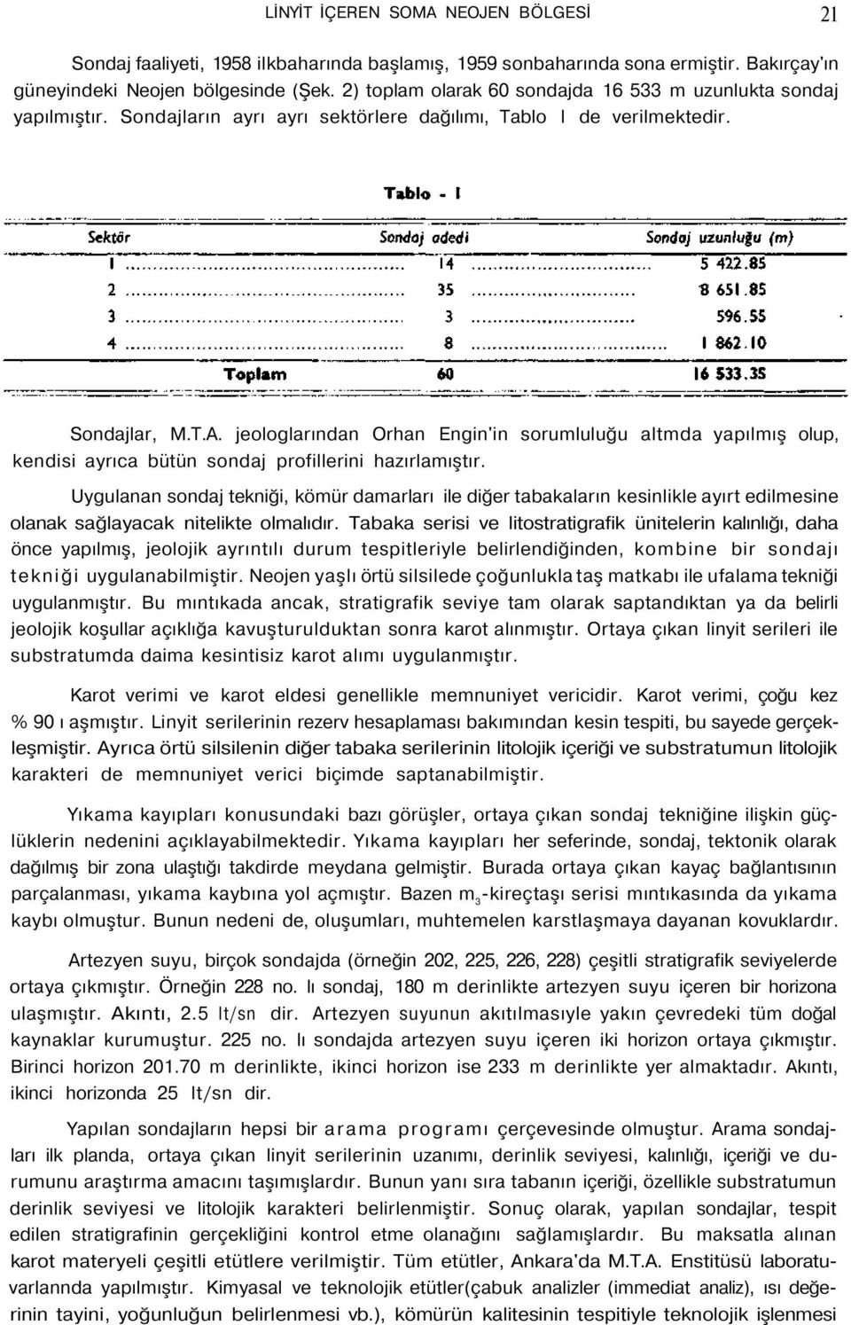 jeologlarından Orhan Engin'in sorumluluğu altmda yapılmış olup, kendisi ayrıca bütün sondaj profillerini hazırlamıştır.