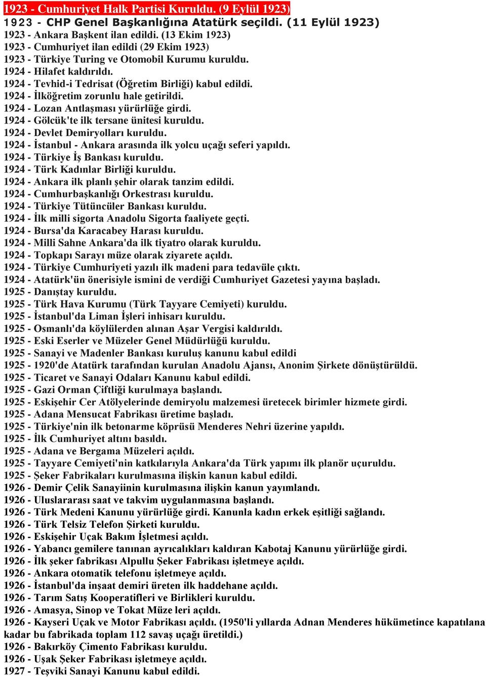 1924 - İlköğretim zorunlu hale getirildi. 1924 - Lozan Antlaşması yürürlüğe girdi. 1924 - Gölcük'te ilk tersane ünitesi kuruldu. 1924 - Devlet Demiryolları kuruldu.