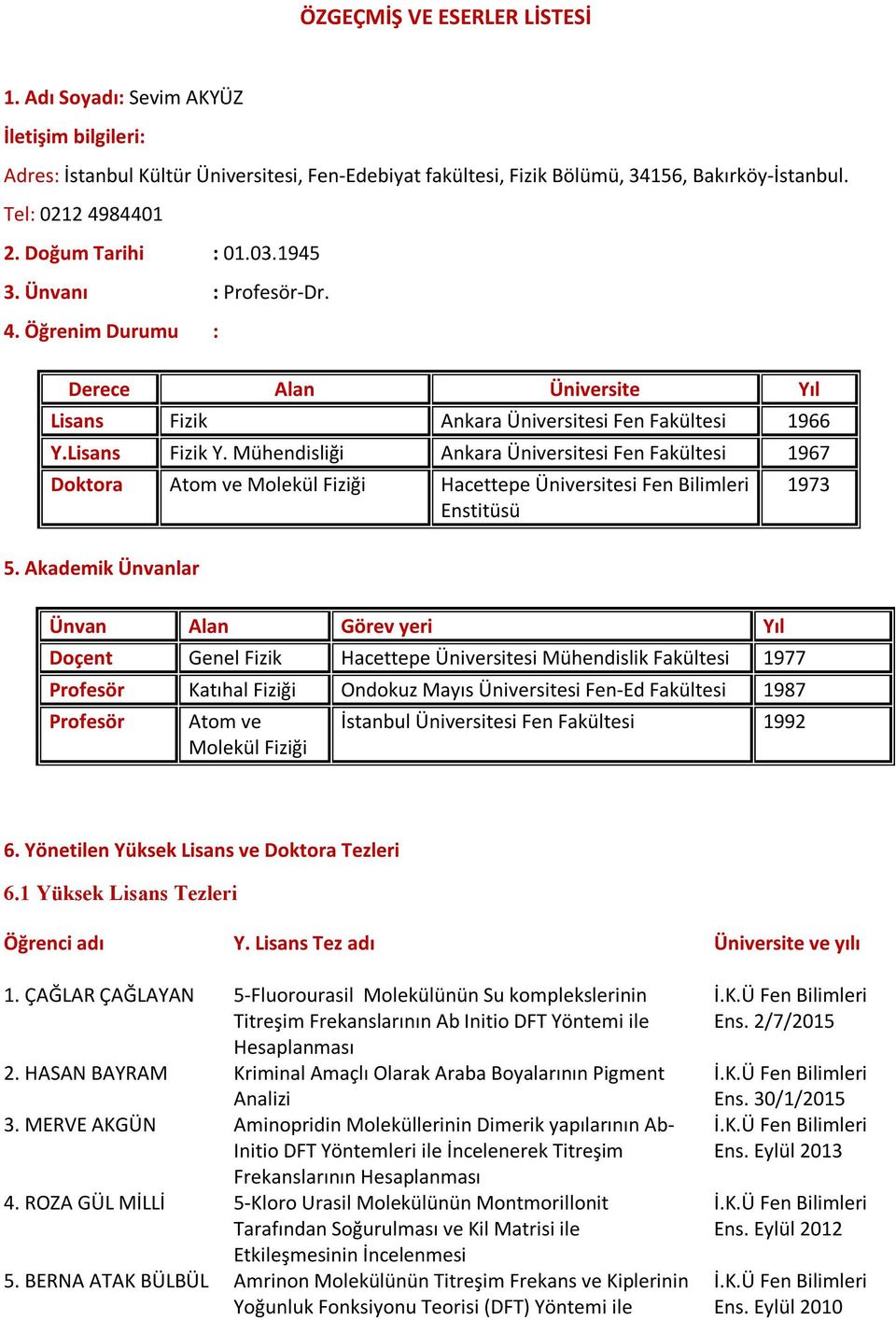 Mühendisliği Ankara Üniversitesi Fen Fakültesi 1967 Doktora Atom ve Molekül Fiziği Hacettepe Üniversitesi Fen Bilimleri Enstitüsü 5.