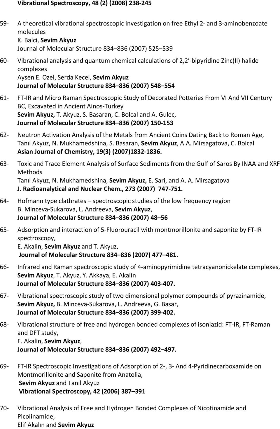 Ozel, Serda Kecel, Sevim Akyuz Journal of Molecular Structure 834 836 (2007) 548 554 61- FT-IR and Micro Raman Spectroscopic Study of Decorated Potteries From VI And VII Century BC, Excavated in