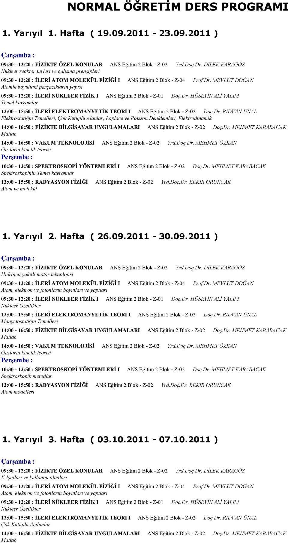 2011 ) Nükleer reaktör türleri ve çalışma prensipleri Atomik boyuttaki parçacıkların yapısı Temel kavramlar Elektrostatiğin Temelleri, Çok Kutuplu Alanlar, Laplace ve Poisson Denklemleri,