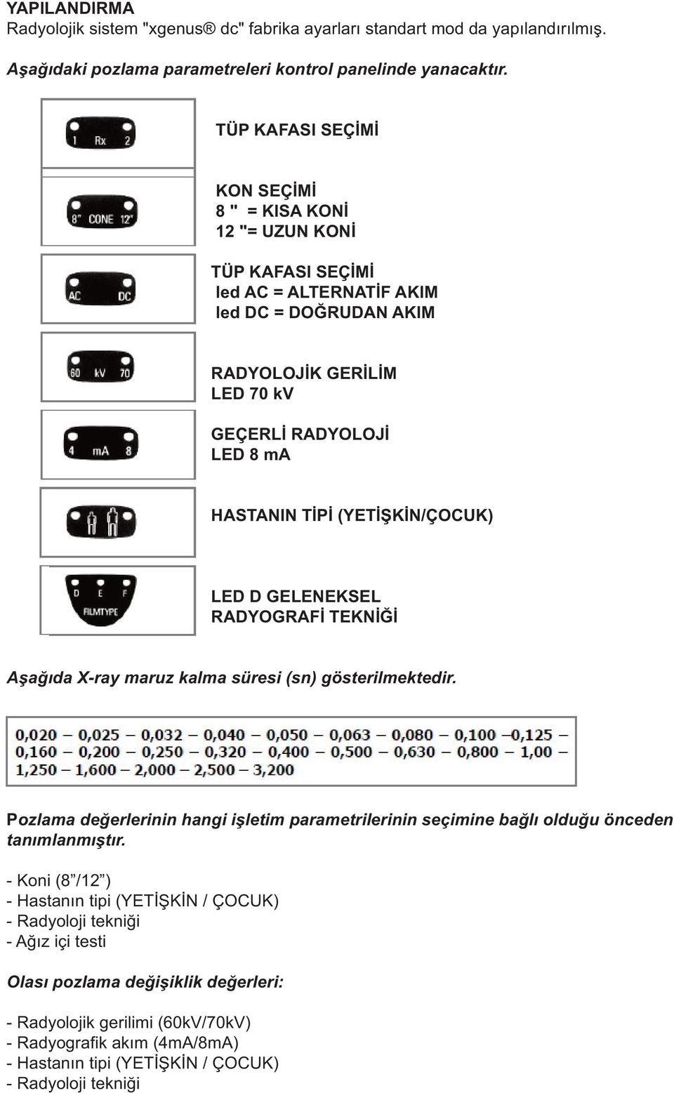 (YETİŞKİN/ÇOCUK) LED D GELENEKSEL RADYOGRAFİ TEKNİĞİ Aşağıda X-ray maruz kalma gösterilmektedir. Pozlama değerlerinin hangi işletim parametrilerinin seçimine bağlı olduğu önceden tanımlanmıştır.