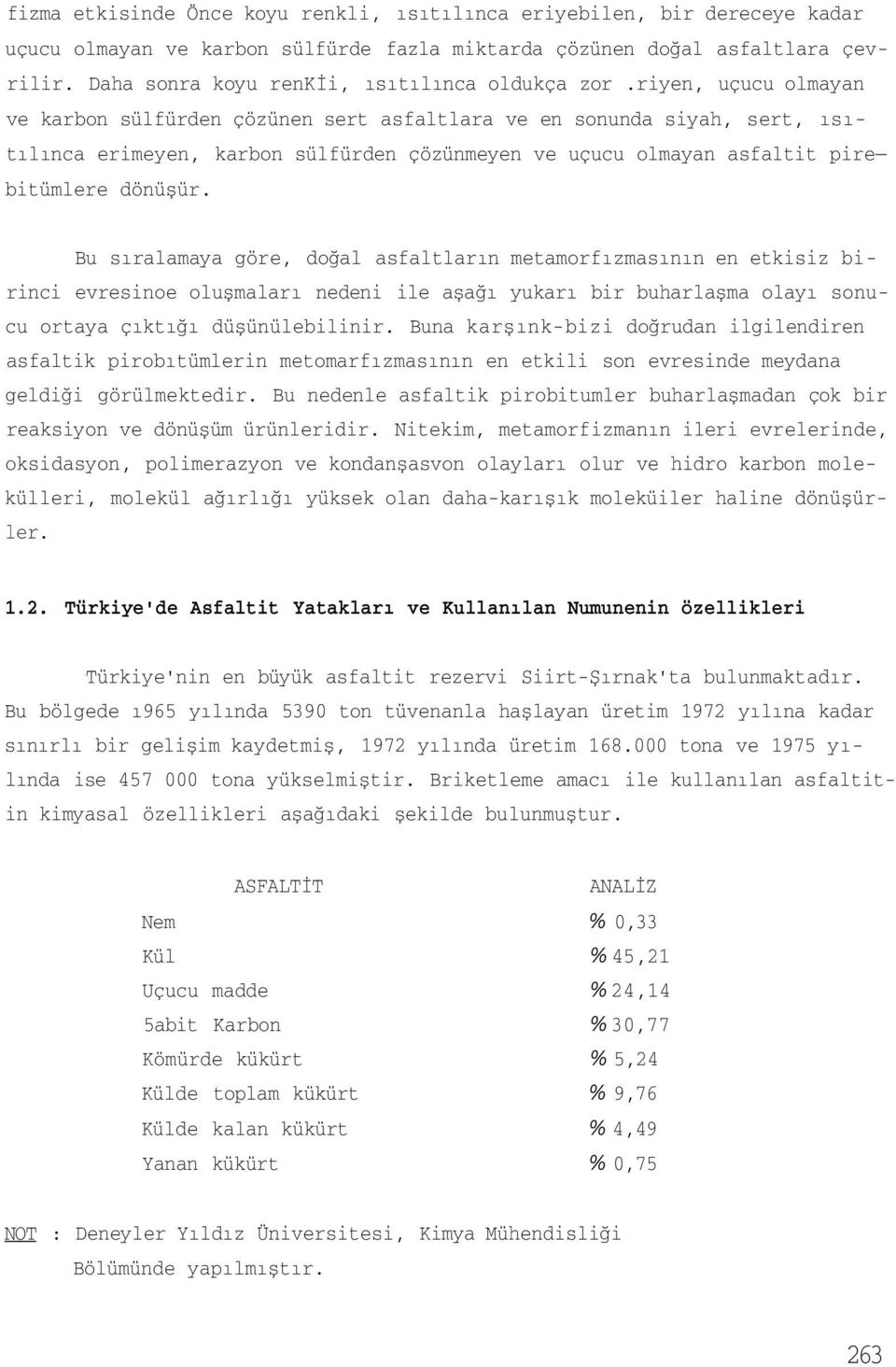 riyen, uçucu olmayan ve karbon sülfürden çözünen sert asfaltlara ve en sonunda siyah, sert, ısıtılınca erimeyen, karbon sülfürden çözünmeyen ve uçucu olmayan asfaltit pire bitümlere dönüşür.