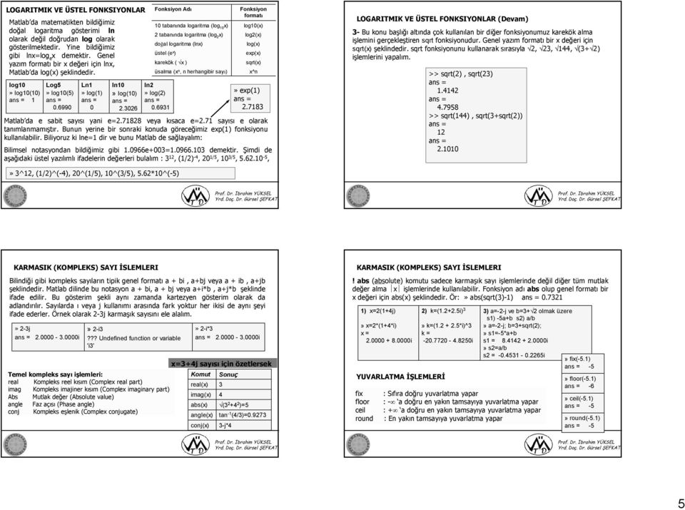 306 Fonkiyon Adı 0 tabanında logaritma (log 0 x) tabanında logaritma (log x) doğal logaritma (lnx) ütel (e x ) karekök ( x ) üalma (x n, n herhangibir ayı) ln» log() 0.