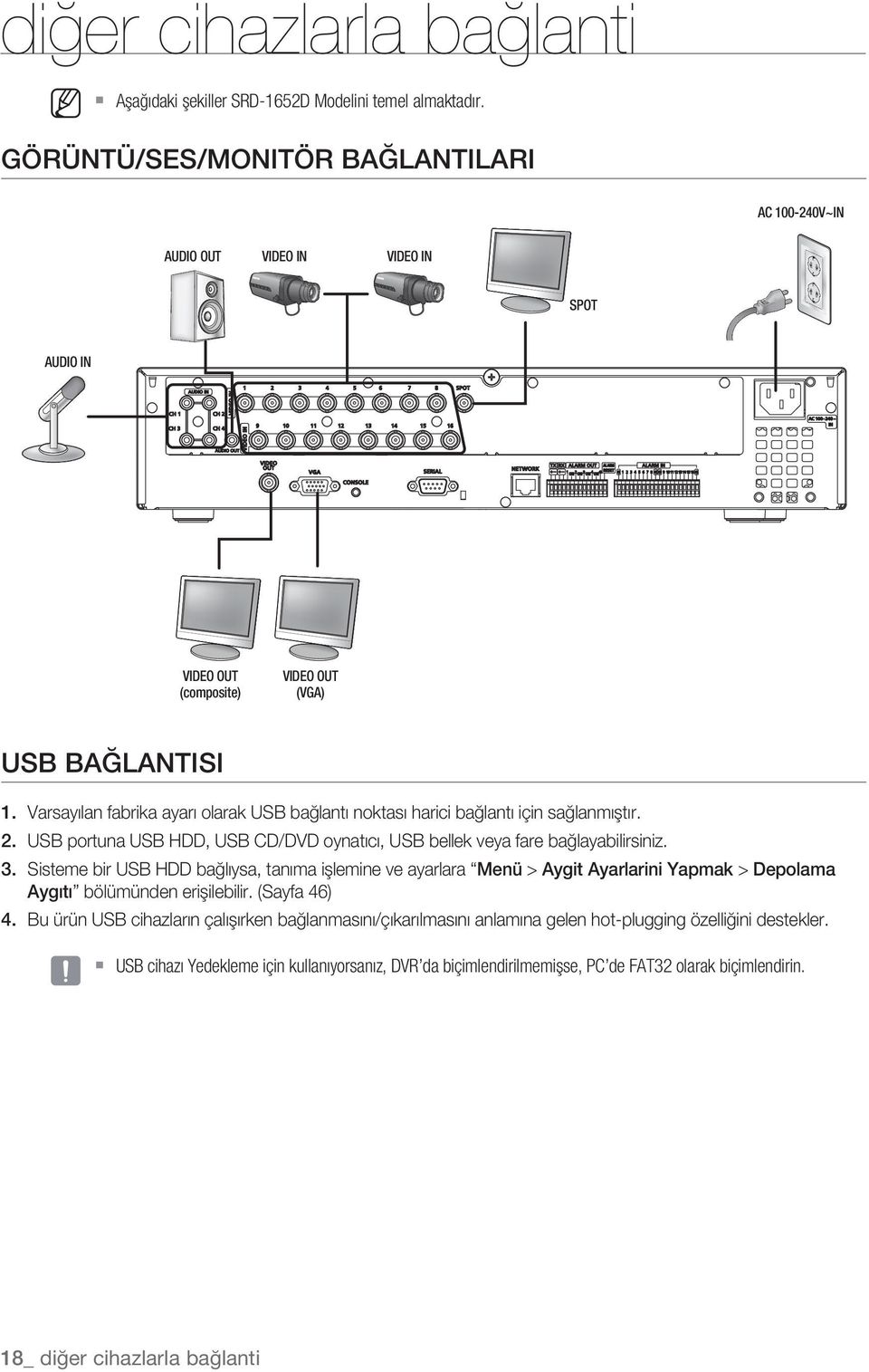 Varsayılan fabrika ayarı olarak USB bağlantı noktası harici bağlantı için sağlanmıştır. 2. USB portuna USB HDD, USB CD/DVD oynatıcı, USB bellek veya fare bağlayabilirsiniz. 3.