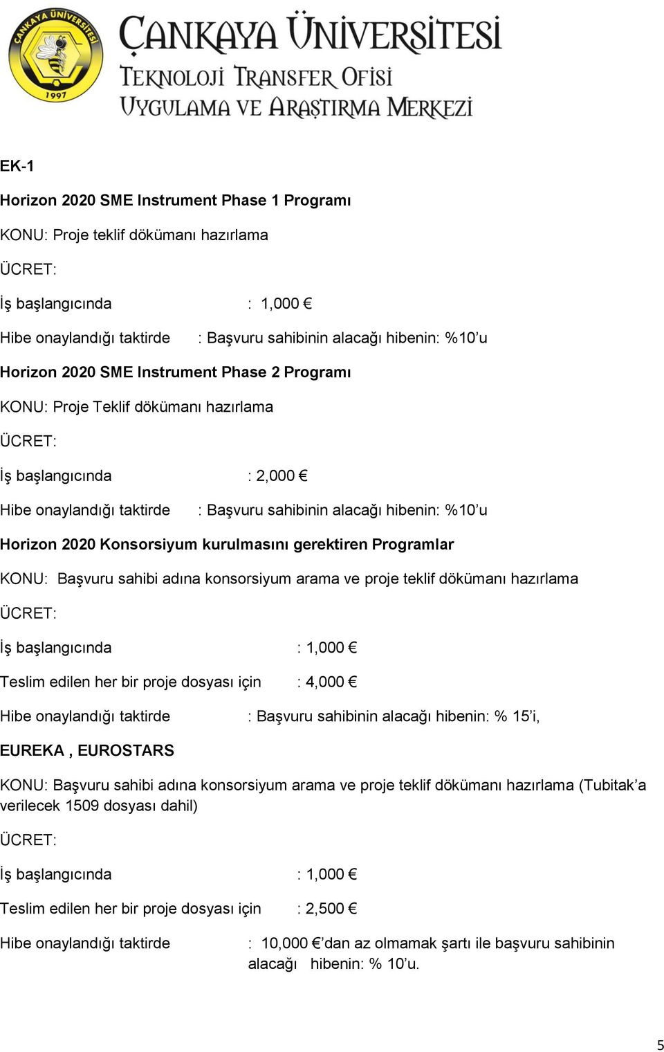 adına konsorsiyum arama ve proje teklif dökümanı hazırlama İş başlangıcında : 1,000 Teslim edilen her bir proje dosyası için : 4,000 : Başvuru sahibinin alacağı hibenin: % 15 i, EUREKA, EUROSTARS