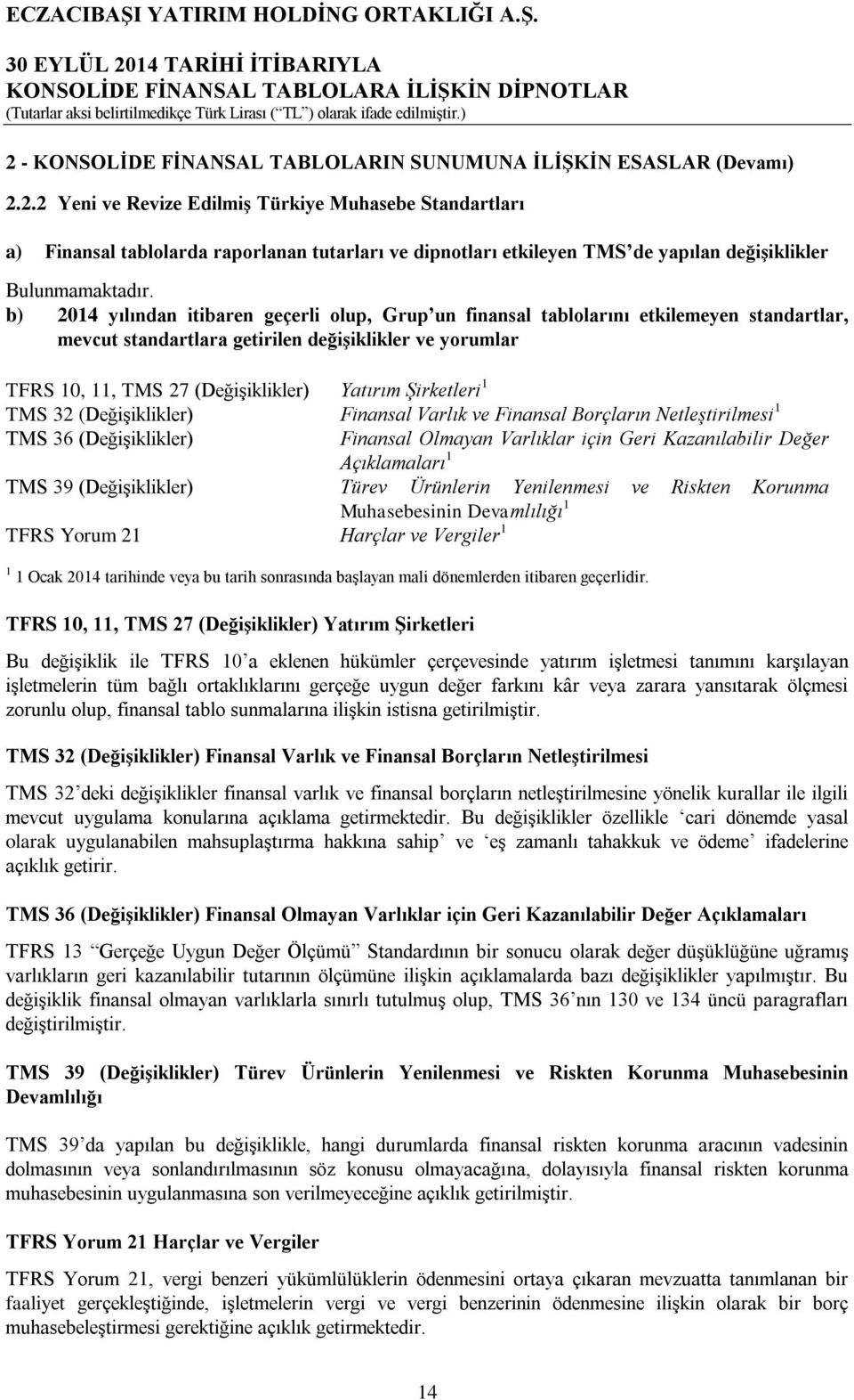 1 TMS 32 (Değişiklikler) Finansal Varlık ve Finansal Borçların Netleştirilmesi 1 TMS 36 (Değişiklikler) Finansal Olmayan Varlıklar için Geri Kazanılabilir Değer Açıklamaları 1 TMS 39 (Değişiklikler)