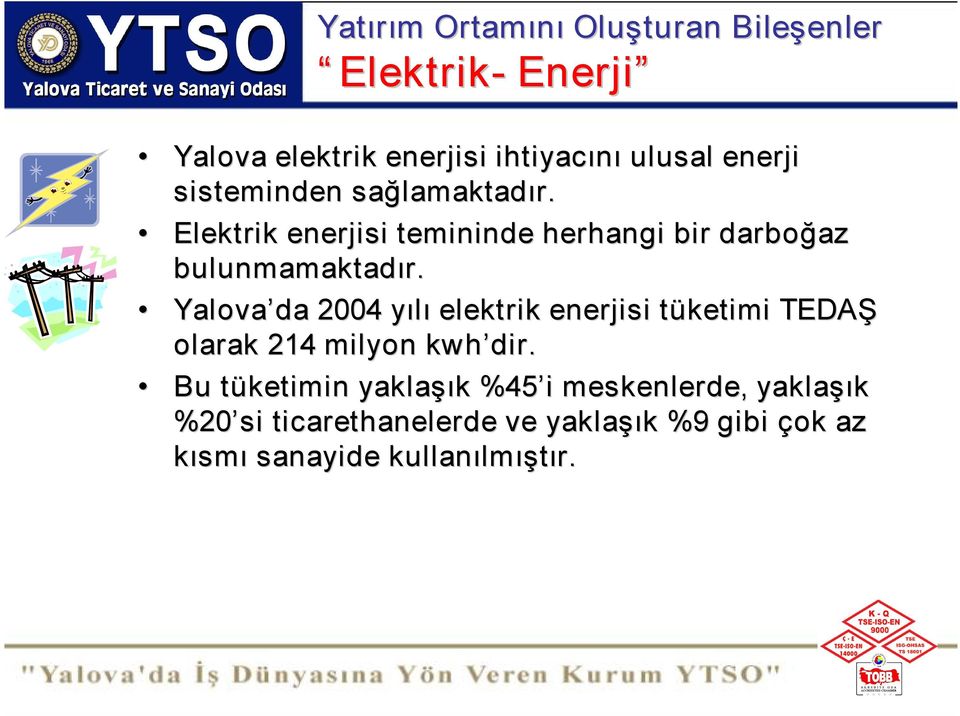 Yalova da 2004 yılı elektrik enerjisi tüketimi TEDAŞ olarak 214 milyon kwh dir.