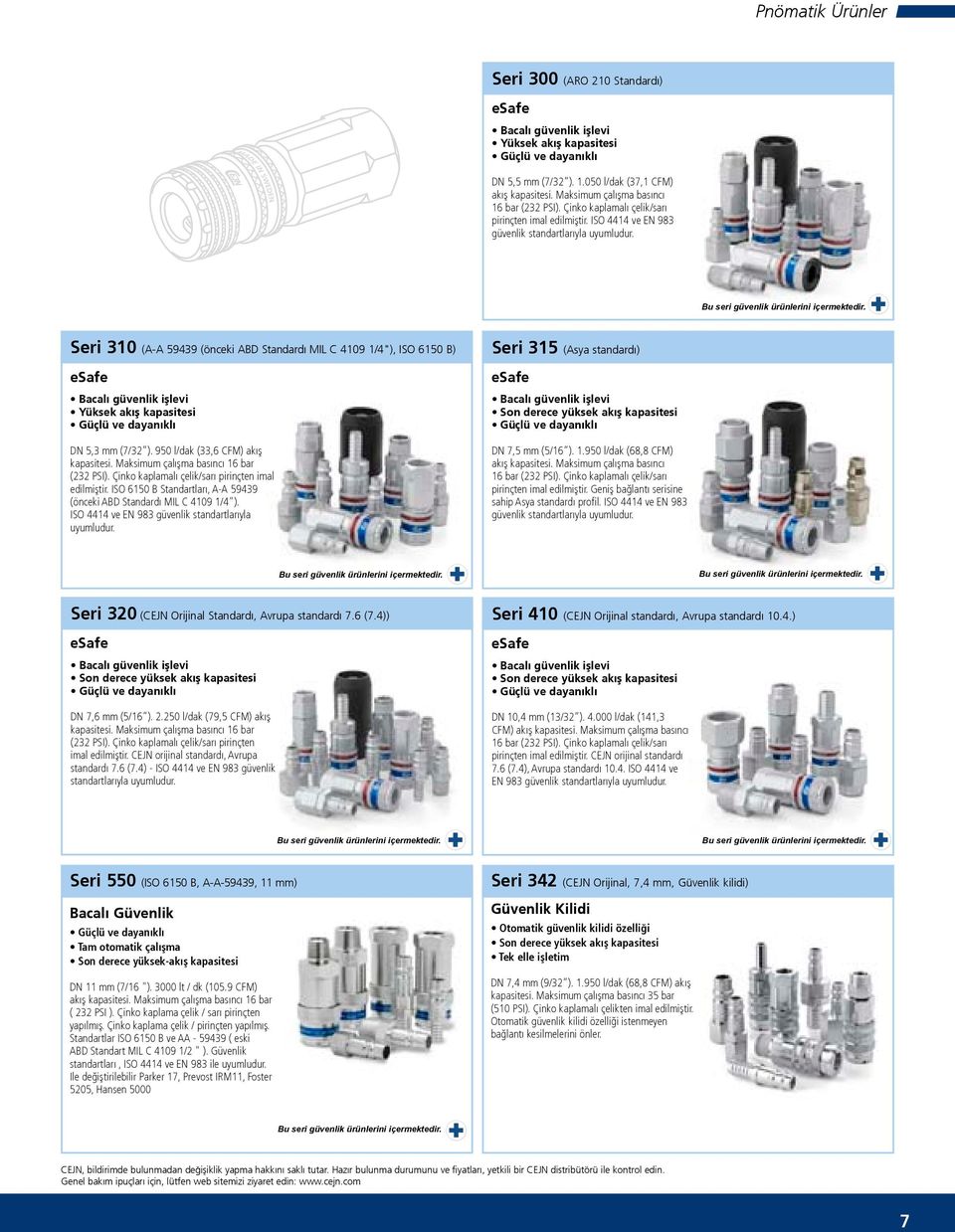 Seri 310 (A-A 59439 (önceki ABD Standardı MIL C 4109 1/4"), ISO 6150 B) esafe Bacalı güvenlik işlevi DN 5,3 mm (7/32 ). 950 l/dak (33,6 CFM) akış kapasitesi. Maksimum çalışma basıncı 16 bar (232 PSI).