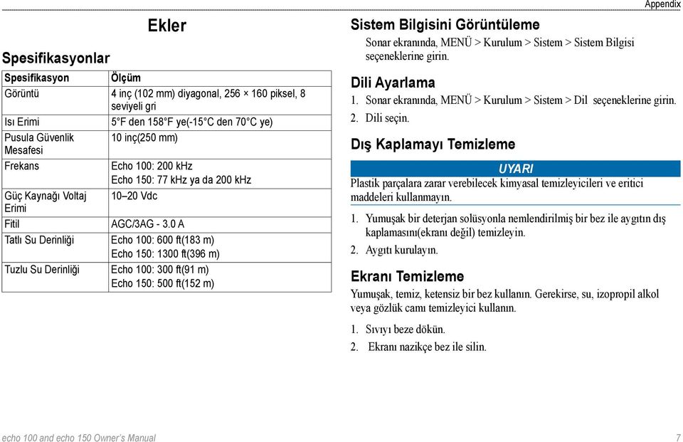 0 A Tatlı Su Derinliği Echo 100: 600 ft(183 m) Echo 150: 1300 ft(396 m) Tuzlu Su Derinliği Echo 100: 300 ft(91 m) Echo 150: 500 ft(152 m) Sistem Bilgisini Görüntüleme Sonar ekranında, MENÜ > Kurulum