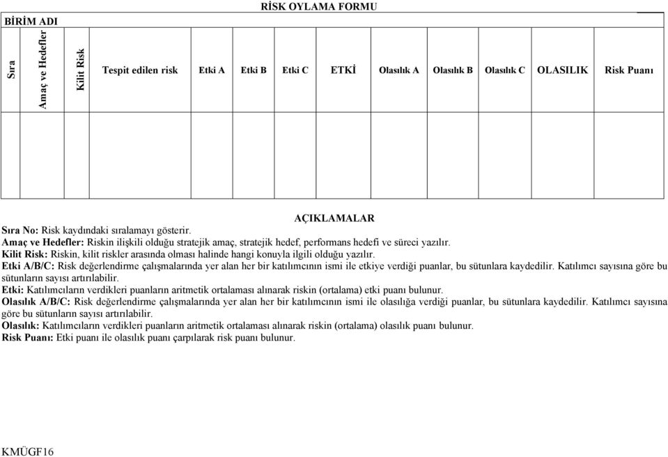 Kilit Risk: Riskin, kilit riskler arasında olması halinde hangi konuyla ilgili olduğu yazılır.