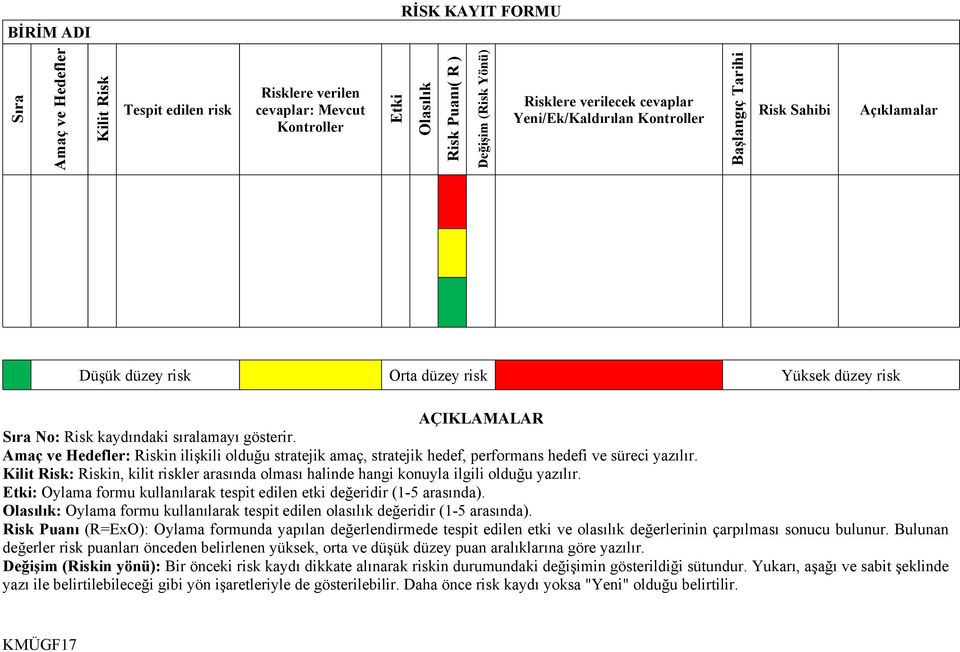 Amaç ve Hedefler: Riskin ilişkili olduğu stratejik amaç, stratejik hedef, performans hedefi ve süreci yazılır.