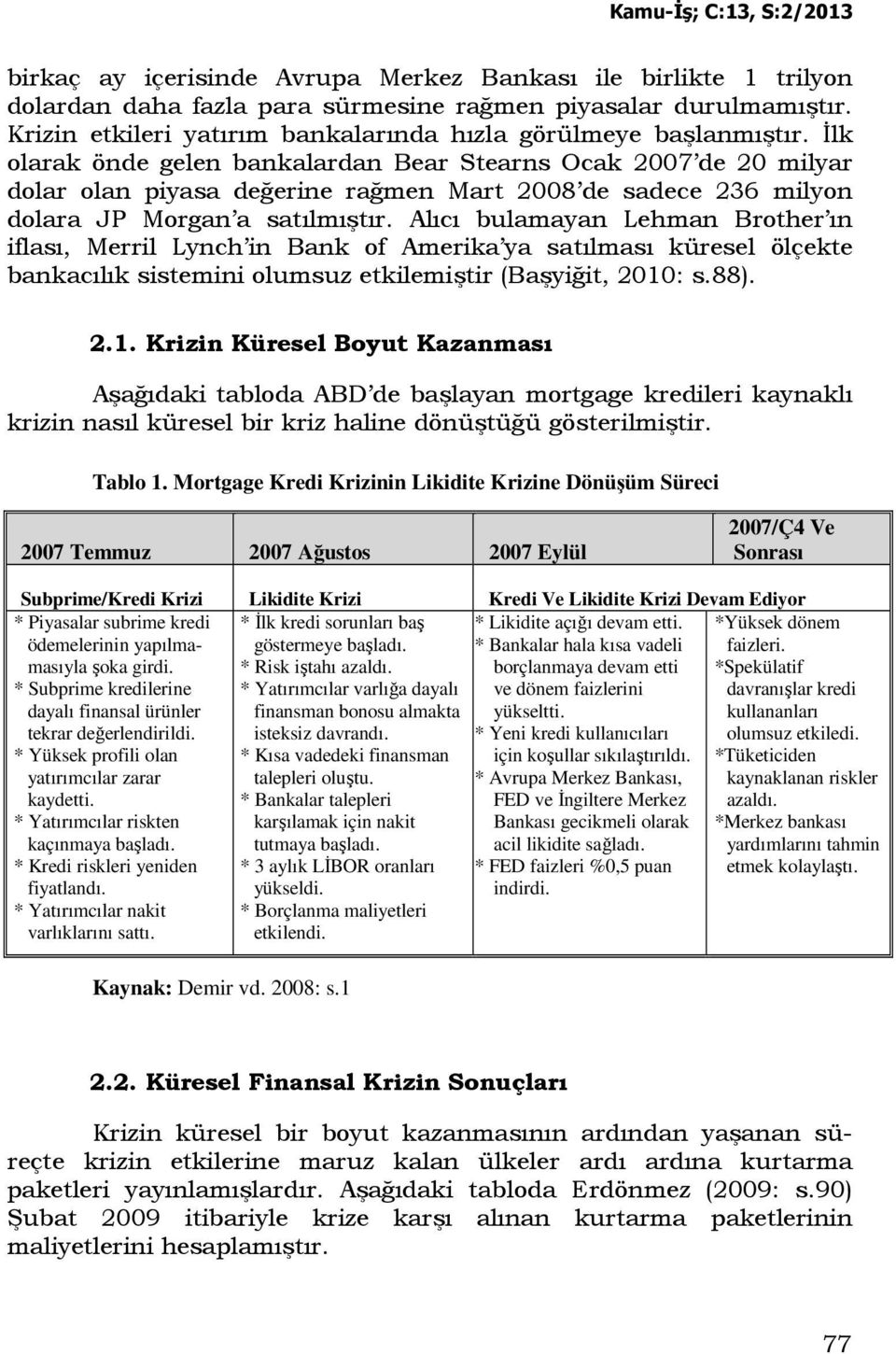 Alıcı bulamayan Lehman Brother ın iflası, Merril Lynch in Bank of Amerika ya satılması küresel ölçekte bankacılık sistemini olumsuz etkilemiştir (Başyiğit, 2010