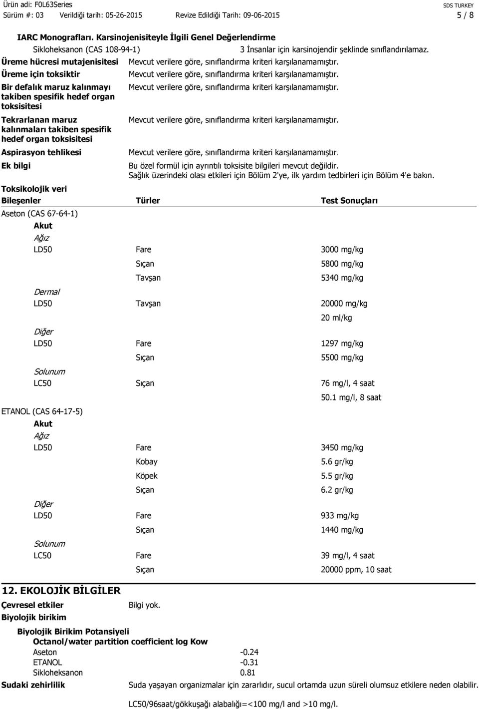 Tekrarlanan maruz kalınmaları takiben spesifik hedef organ toksisitesi Aspirasyon tehlikesi Ek bilgi Toksikolojik veri Akut Ağız Dermal Diğer Solunum ETANOL (CAS 64-17-5) Akut Ağız Diğer Solunum 12.