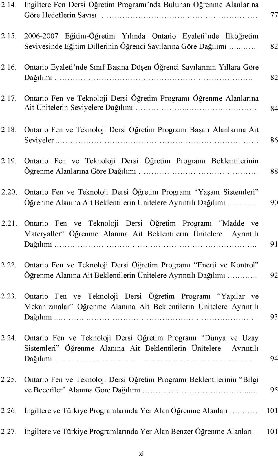 Ontario Eyaleti nde Sınıf Başına Düşen Öğrenci Sayılarının Yıllara Göre Dağılımı. 82 2.17. Ontario Fen ve Teknoloji Dersi Öğretim Programı Öğrenme Alanlarına Ait Ünitelerin Seviyelere Dağılımı.. 84 2.