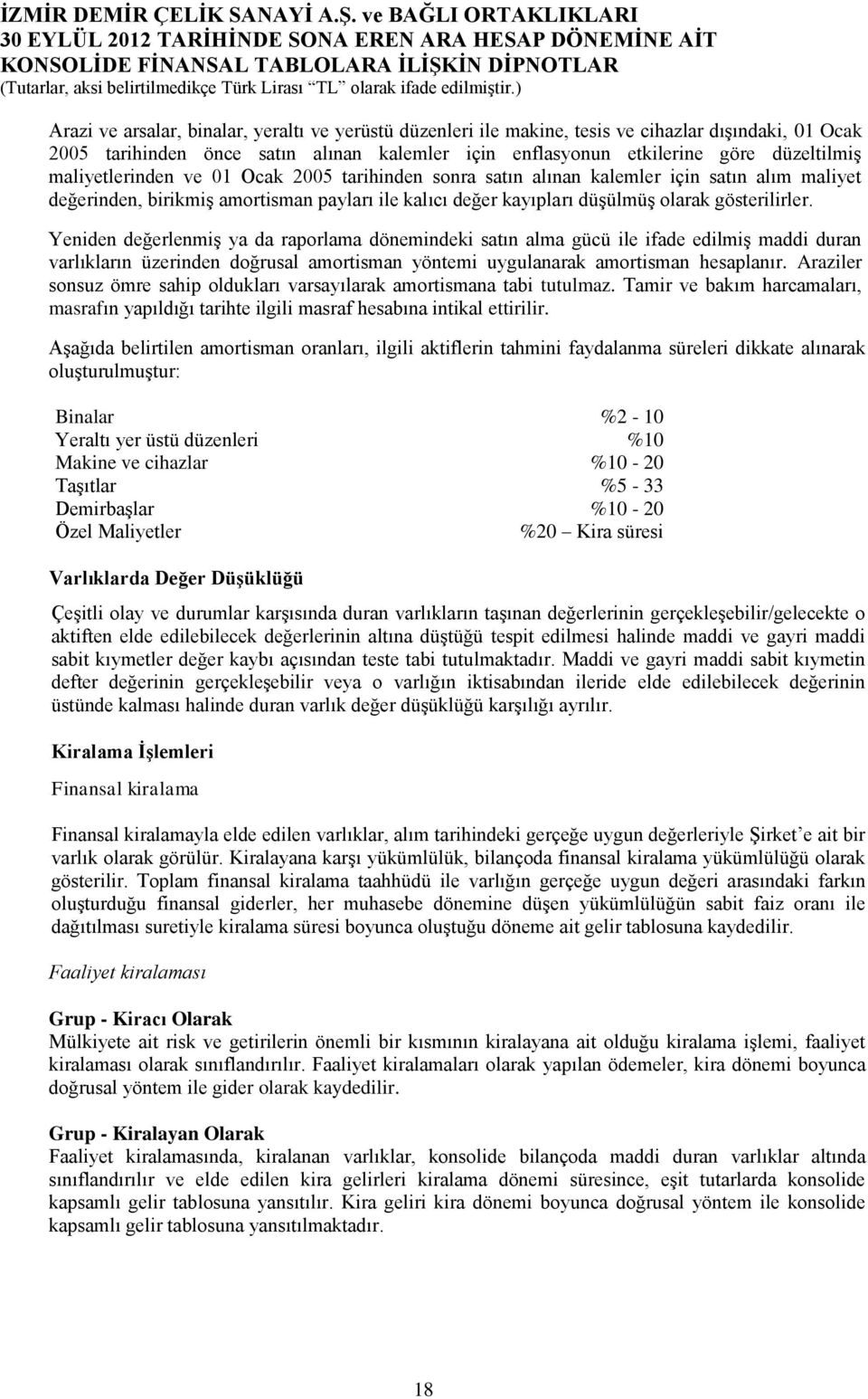 Yeniden değerlenmiş ya da raporlama dönemindeki satın alma gücü ile ifade edilmiş maddi duran varlıkların üzerinden doğrusal amortisman yöntemi uygulanarak amortisman hesaplanır.