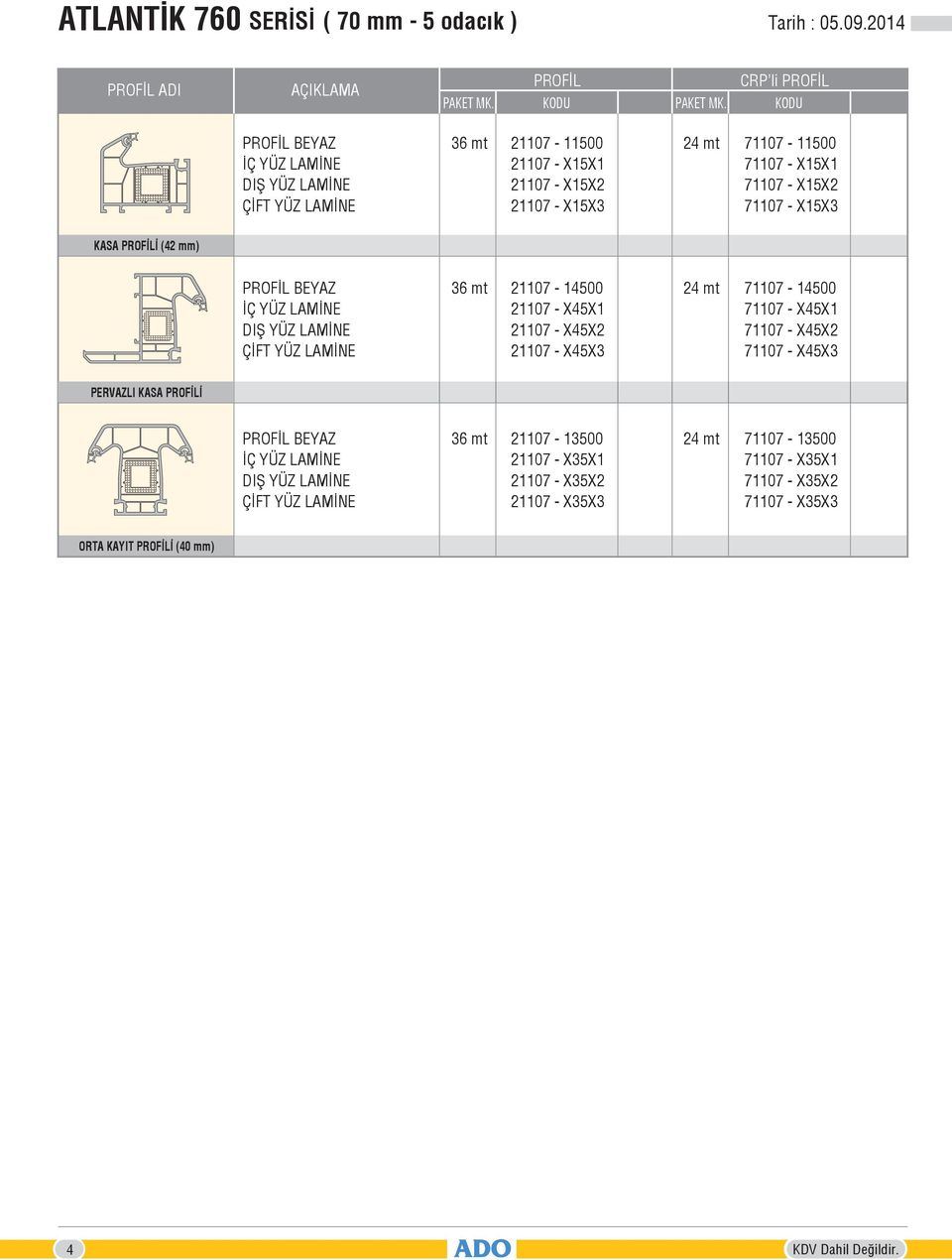 71107 - X15X2 71107 - X15X3 KASA PROFİLİ (42 mm) PROFİL 21107-14500 21107 - X45X1 21107 - X45X2 21107 - X45X3 71107-14500 71107 -