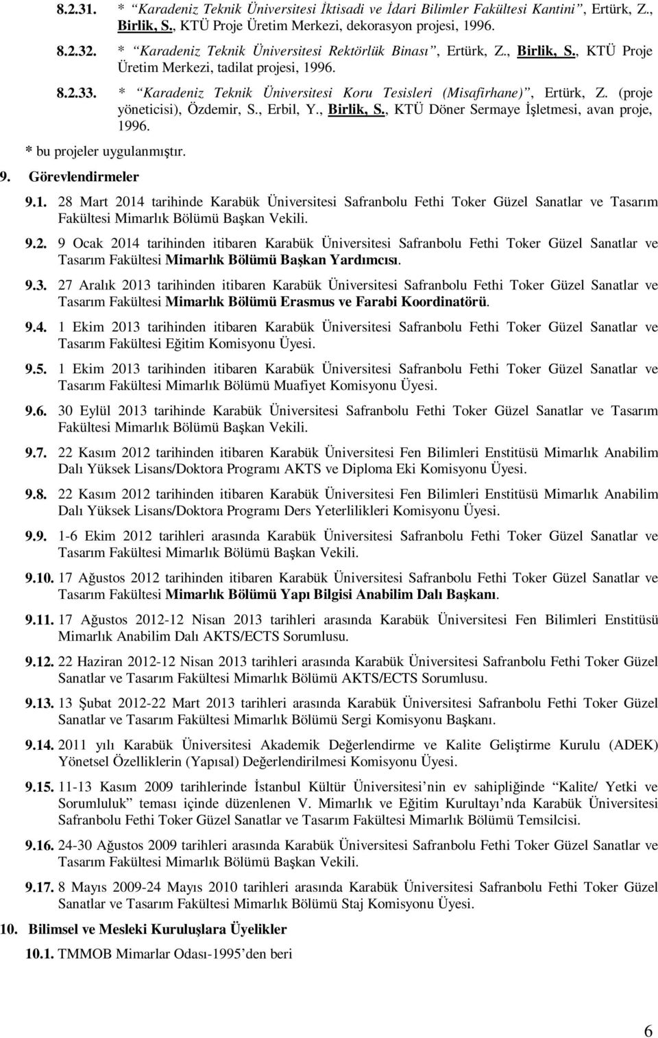 * Karadeniz Teknik Üniversitesi Koru Tesisleri (Misafirhane), Ertürk, Z. (proje yöneticisi), Özdemir, S., Erbil, Y., Birlik, S., KTÜ Döner Sermaye İşletmesi, avan proje, 1996.