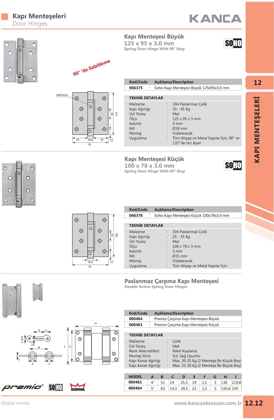 0 mm Spring Door Hinge With 90 Stop 5-5 Kg 5 x 95 x mm mm Ø18 mm Tüm hşap ve Metal Kapılar İçin, 90 ve 15 de Hız yarı 06676 Soho Kapı Menteşesi Küçük 100x78x.