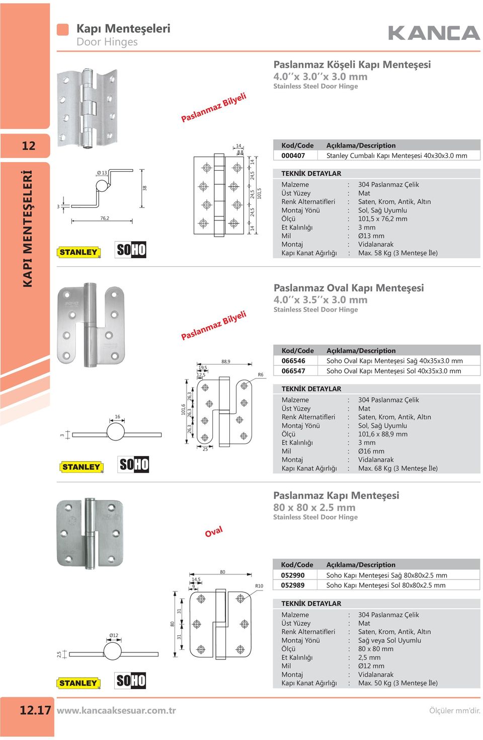 58 Kg ( Menteşe İle) Paslanmaz Oval Kapı Menteşesi.0x.5x.0 mm 19,5,5 88,9 R6 06656 06657 Soho Oval Kapı Menteşesi Sağ 0x5x.0 mm Soho Oval Kapı Menteşesi Sol 0x5x.