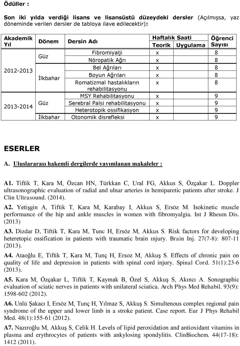 Palsi rehabilitasyonu x 9 Heterotopik ossifikasyon x 9 İlkbahar Otonomik disrefleksi x 9 Öğrenci Sayısı ESERLER A. Uluslararası hakemli dergilerde yayımlanan makaleler : A1.