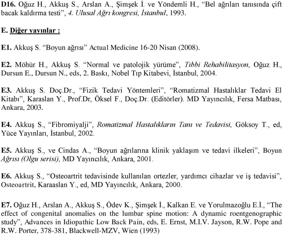 , Fizik Tedavi Yöntemleri, Romatizmal Hastalıklar Tedavi El Kitabı, Karaslan Y., Prof.Dr, Öksel F., Doç.Dr. (Editörler). MD Yayıncılık, Fersa Matbası, Ankara, 2003. E4. Akkuş S.