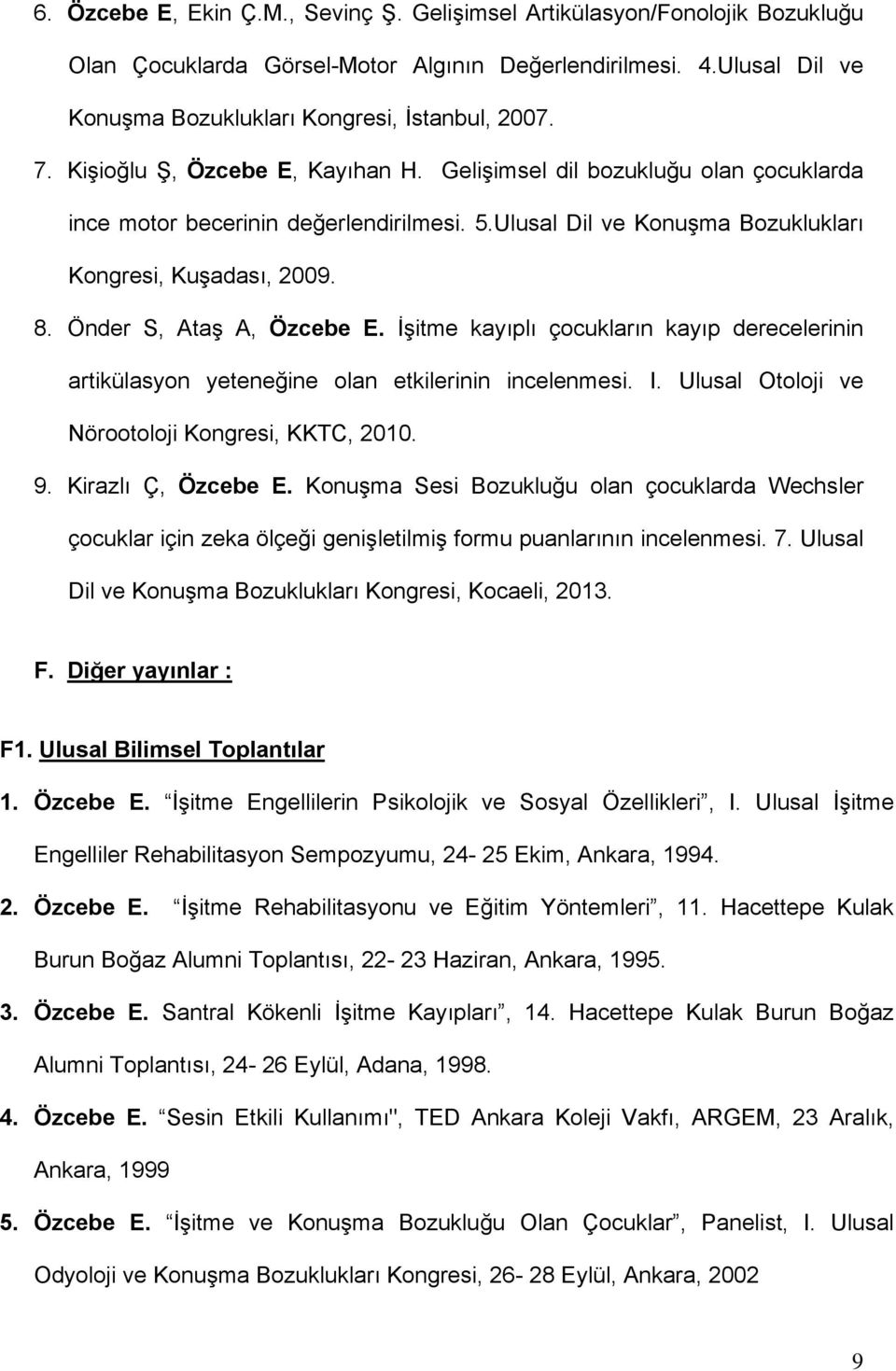 Önder S, Ataş A, Özcebe E. İşitme kayıplı çocukların kayıp derecelerinin artikülasyon yeteneğine olan etkilerinin incelenmesi. I. Ulusal Otoloji ve Nörootoloji Kongresi, KKTC, 2010. 9.