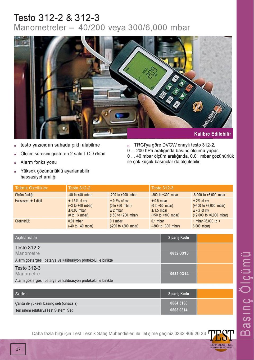 Tekik Özellikler Testo 312-2 Testo 312-3 Ölçüm Aralığı -40 to +40 mbar -200 to +200 mbar -300 to +300 mbar -6,000 to +6,000 mbar Hassasiyet ± 1 digit ± 1.5% of mv ± 0.