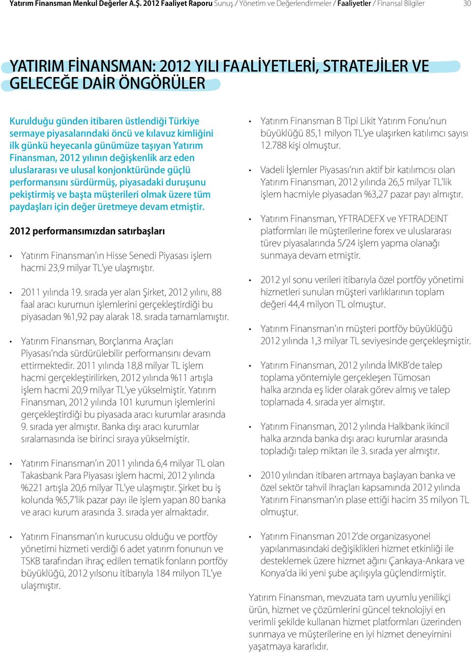 itibaren üstlendiği Türkiye sermaye piyasalarındaki öncü ve kılavuz kimliğini ilk günkü heyecanla günümüze taşıyan Yatırım Finansman, 2012 yılının değişkenlik arz eden uluslararası ve ulusal