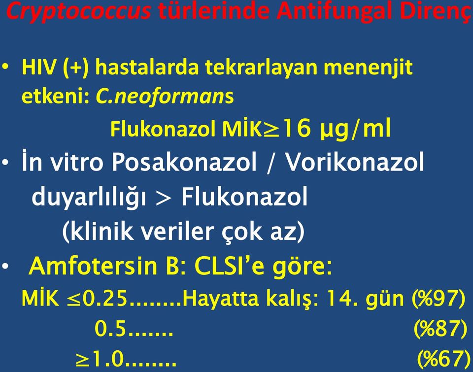 neoformans Flukonazol MİK 16 μg/ml İn vitro Posakonazol / Vorikonazol