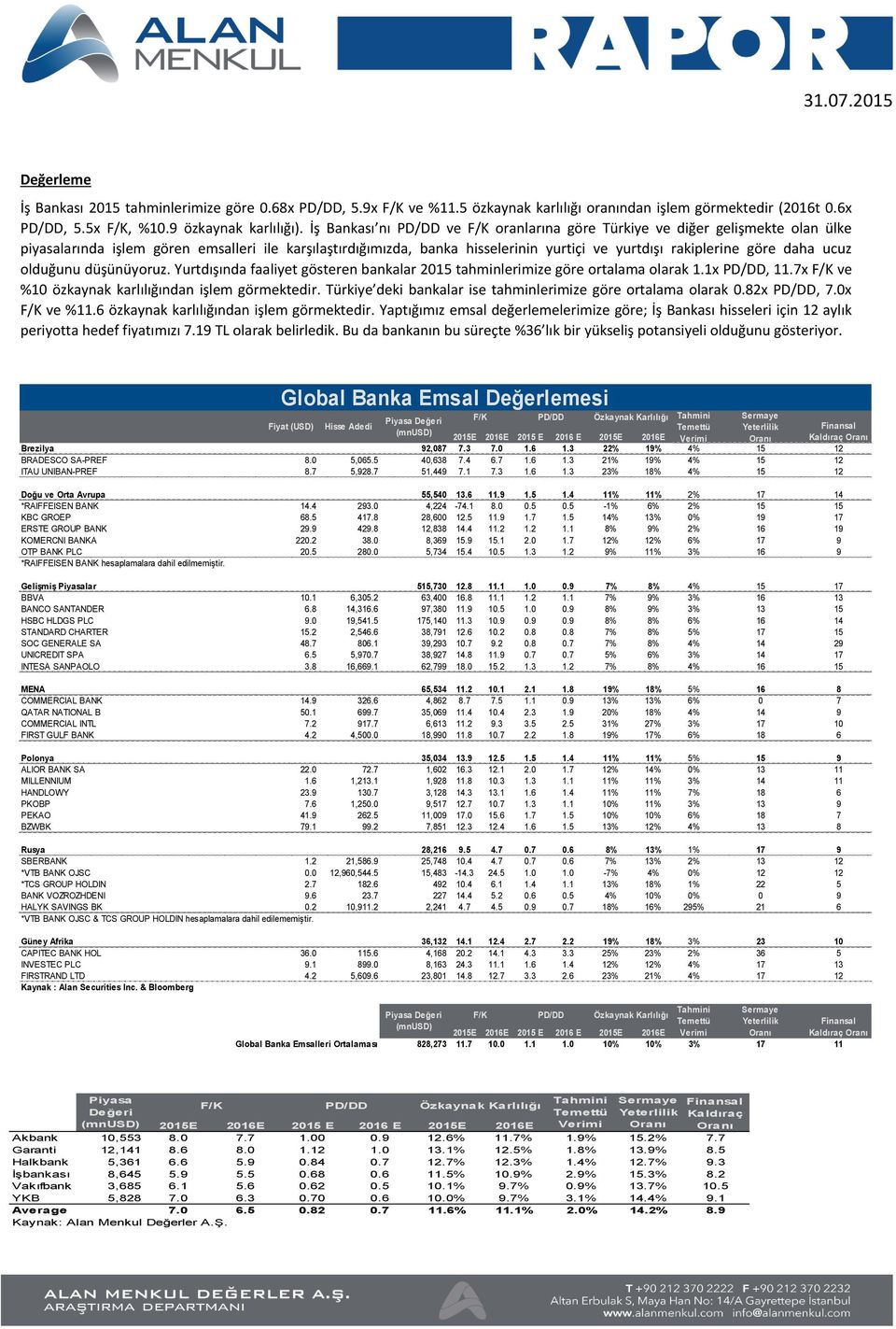 daha ucuz olduğunu düşünüyoruz. Yurtdışında faaliyet gösteren bankalar 2015 tahminlerimize göre ortalama olarak 1.1x PD/DD, 11.7x F/K ve %10 özkaynak karlılığından işlem görmektedir.