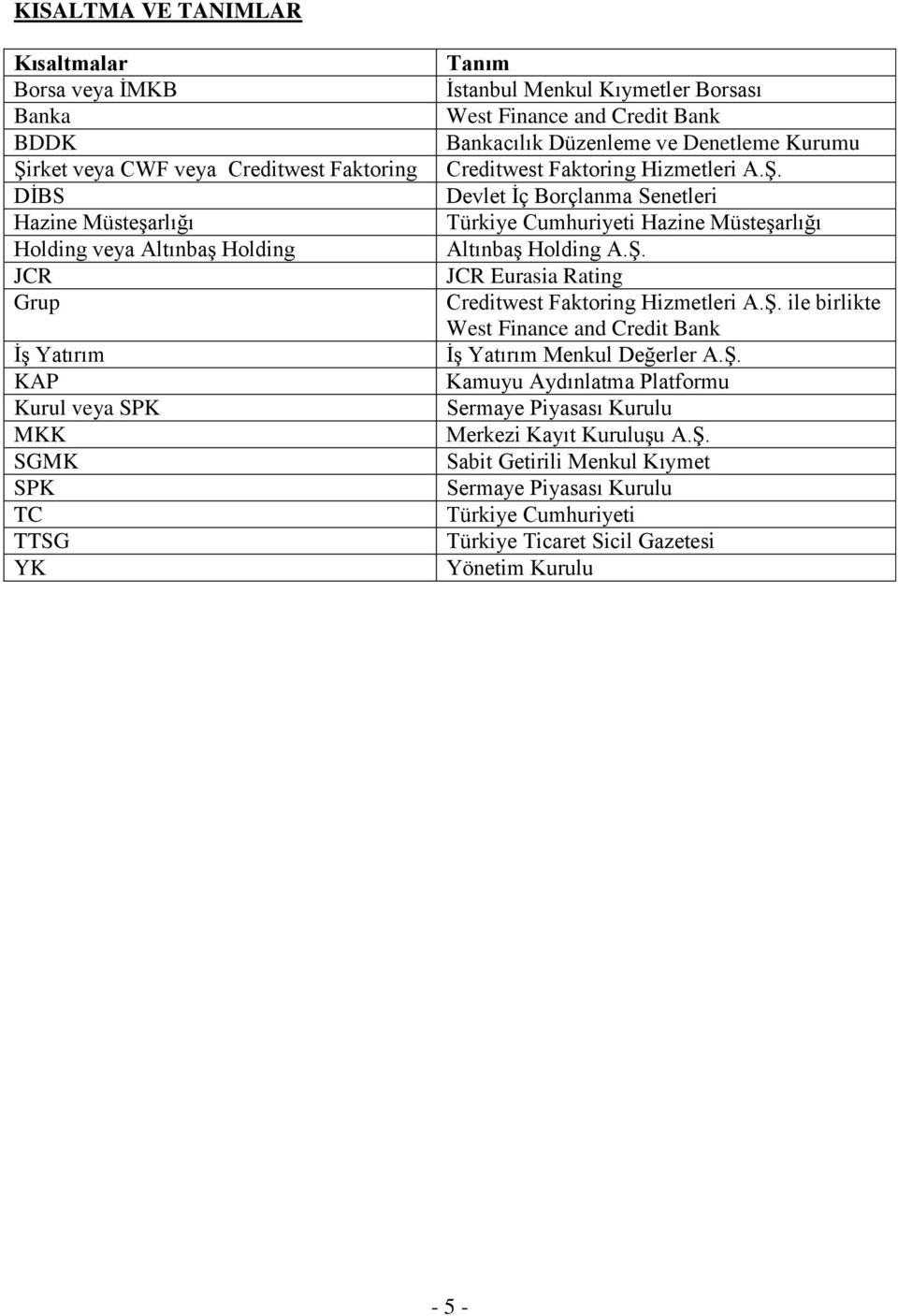 Devlet İç Borçlanma Senetleri Türkiye Cumhuriyeti Hazine Müsteşarlığı Altınbaş Holding A.Ş. JCR Eurasia Rating Creditwest Faktoring Hizmetleri A.Ş. ile birlikte West Finance and Credit Bank İş Yatırım Menkul Değerler A.