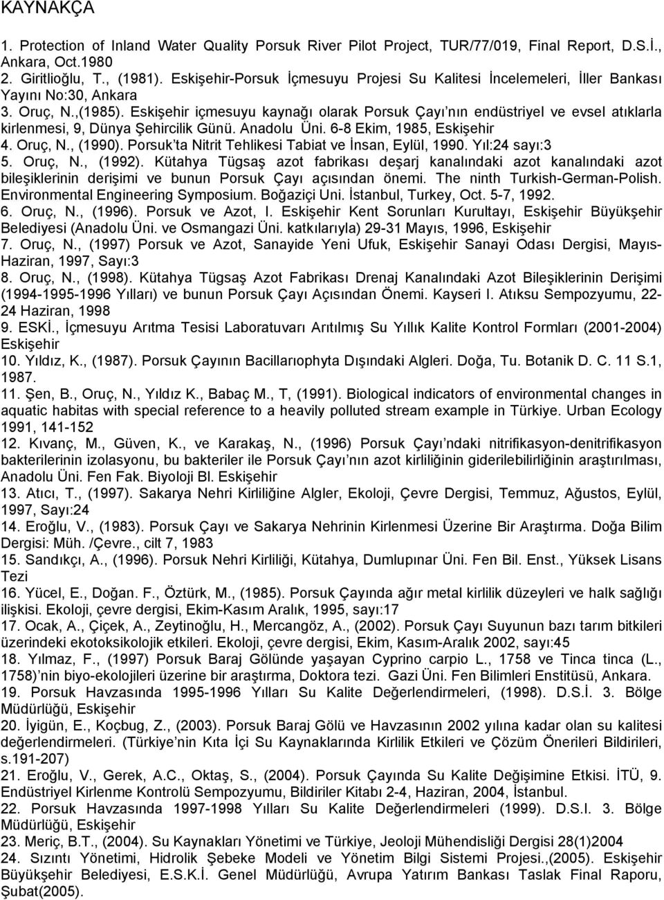 Eskişehir içmesuyu kaynağı olarak Porsuk Çayı nın endüstriyel ve evsel atıklarla kirlenmesi, 9, Dünya Şehircilik Günü. Anadolu Üni. 6-8 Ekim, 1985, Eskişehir 4. Oruç, N., (1990).