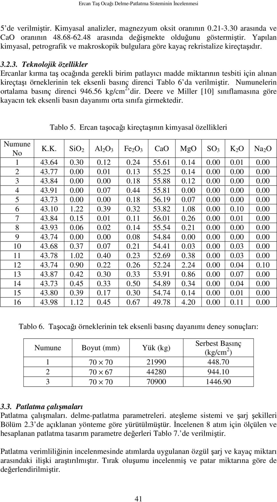 2.3. Teknolojik özellikler Ercanlar kırma taş ocağında gerekli birim patlayıcı madde miktarının tesbiti için alınan kireçtaşı örneklerinin tek eksenli basınç direnci Tablo 6 da verilmiştir.