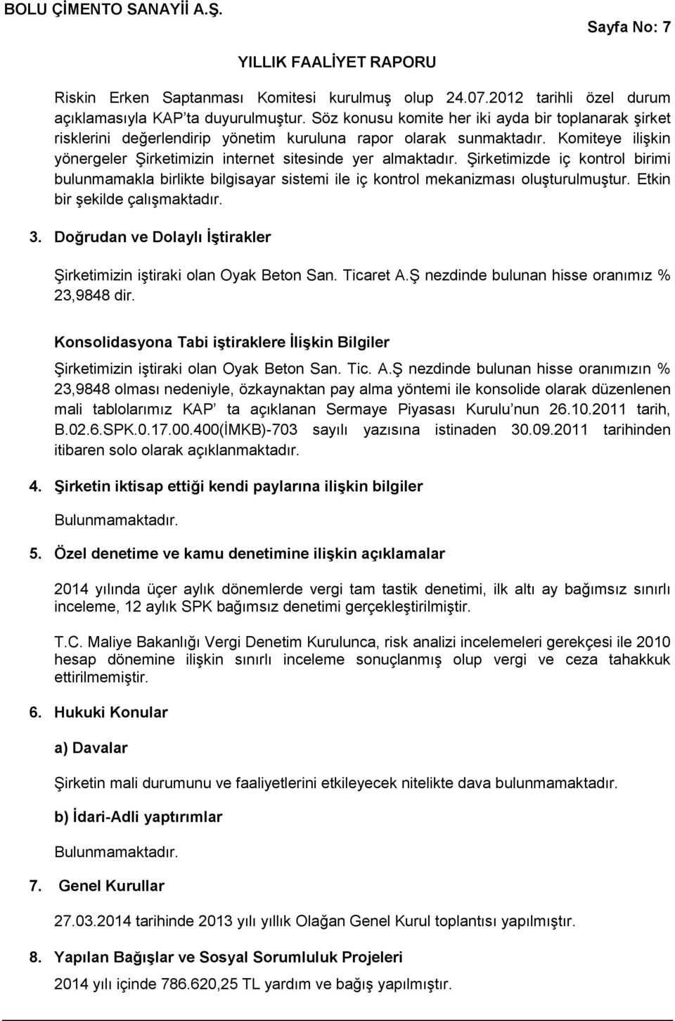 Şirketimizde iç kontrol birimi bulunmamakla birlikte bilgisayar sistemi ile iç kontrol mekanizması oluşturulmuştur. Etkin bir şekilde çalışmaktadır. 3.