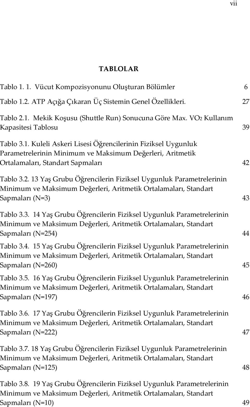 Kuleli Askeri Lisesi Öğrencilerinin Fiziksel Uygunluk Parametrelerinin Minimum ve Maksimum Değerleri, Aritmetik Ortalamaları, Standart Sapmaları 42 